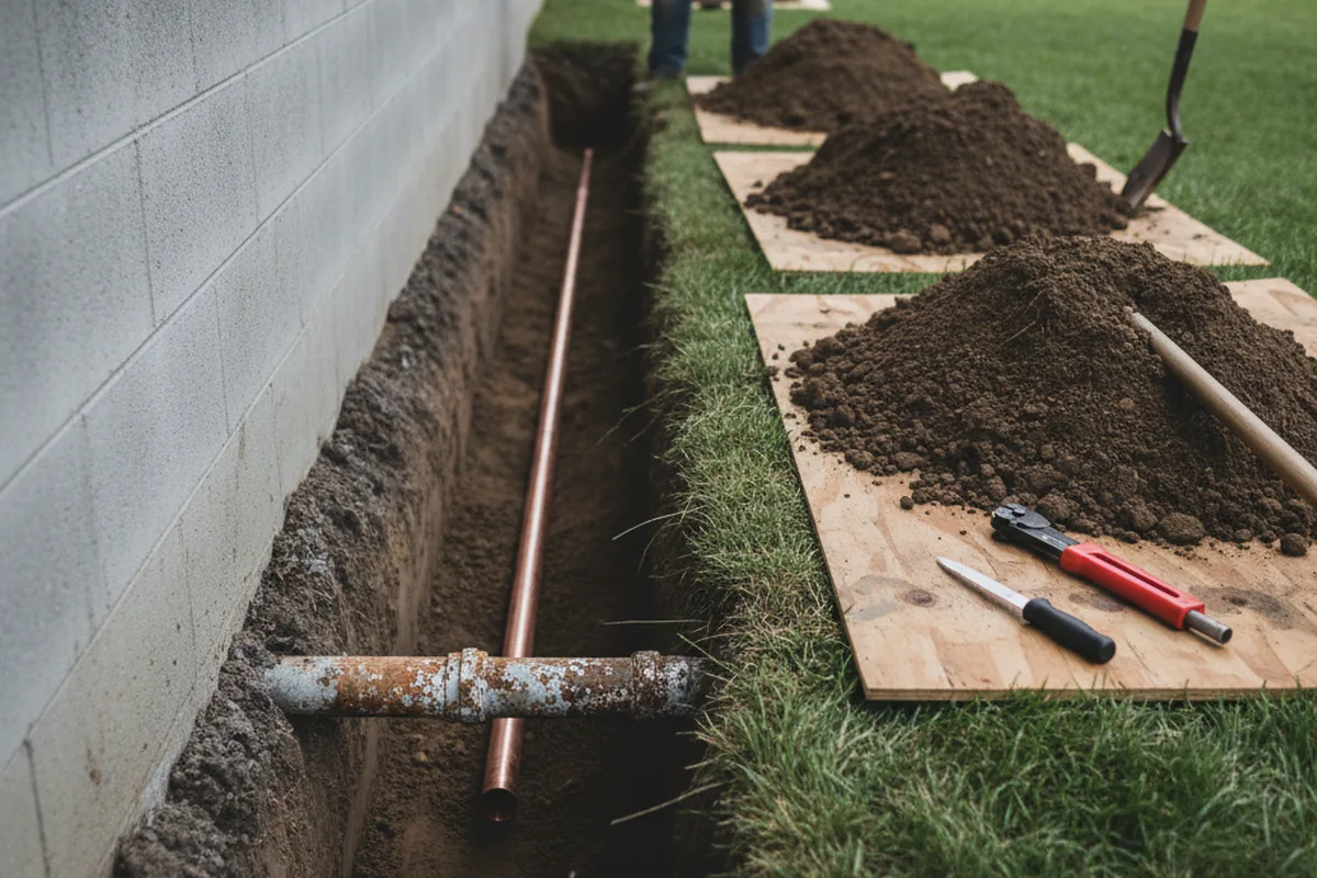 Excavated water line trench during Water Heater Repair in Norwich